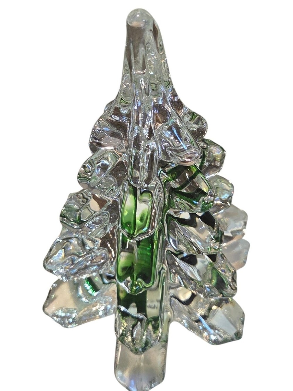 VINTAGE HAND MADE CLEAR CRYSTAL ART GLASS WITH GREEN RIBBON 6.5" CHRISTMAS TREE